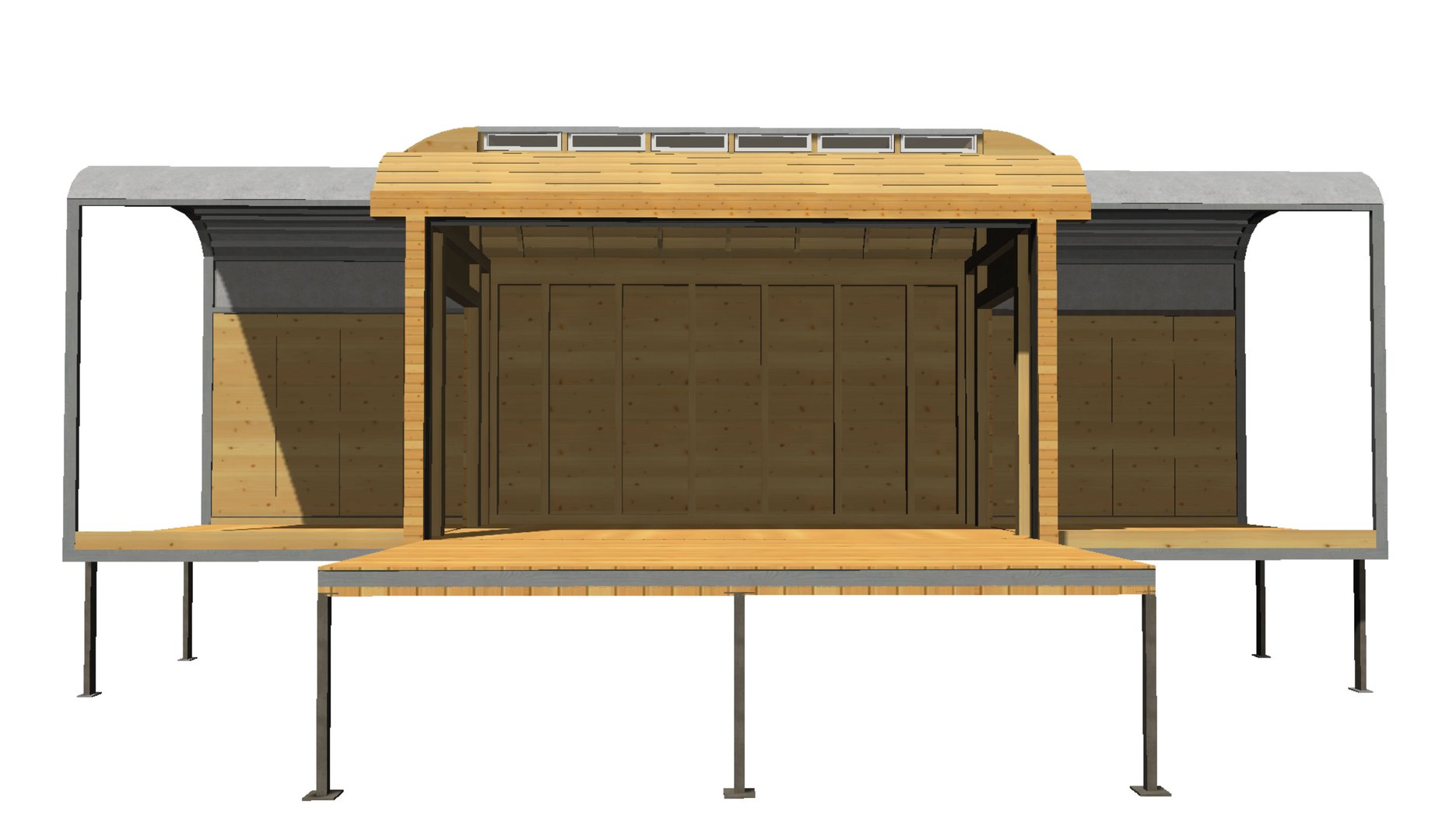 Eine Visualisierung des Wagens mit aufgeklappter Seitenwand und zwei ausgezogenen Veranden