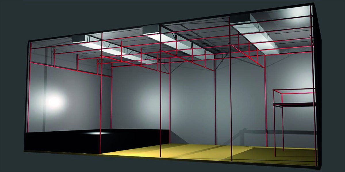 Visualisierung der Theaterhalle mit Gerüst und Bühne